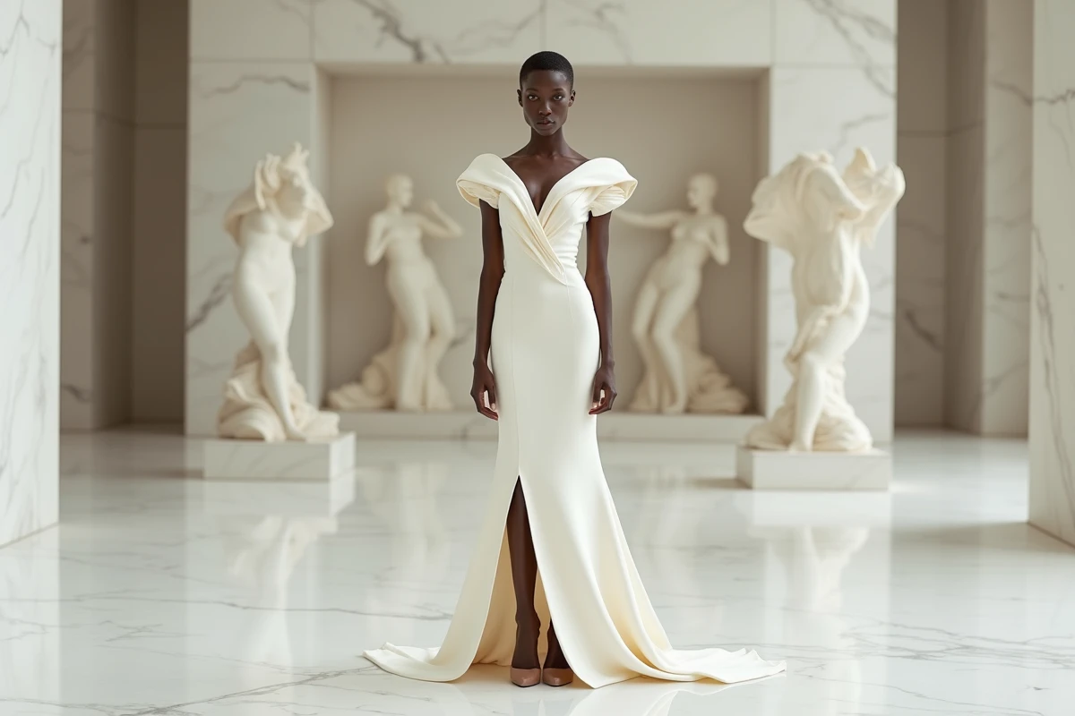 Jeune femme mannequin africaine en robe architecturale ivoire dans un hall de mode moderniste, illustrant l'ascension d'Adut Akech parmi les mannequins africains