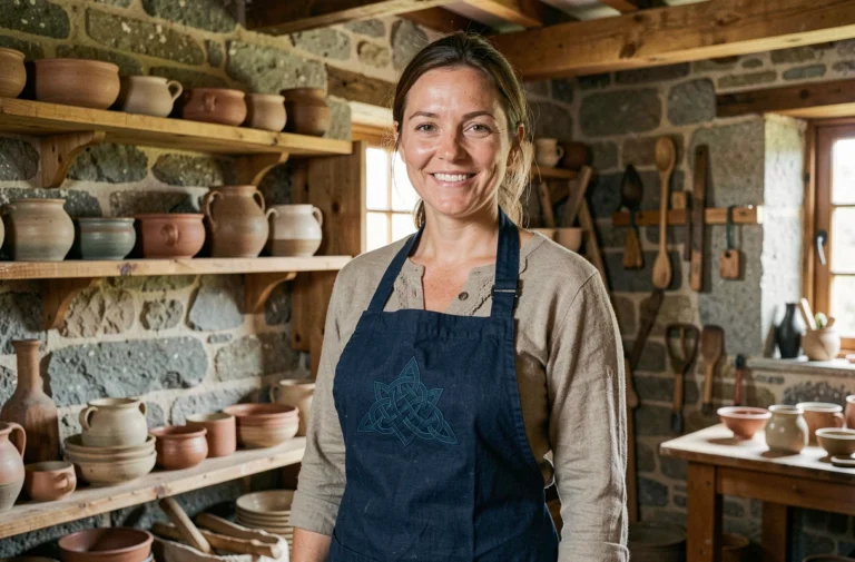 Artisane bretonne en tablier marine dans son atelier en pierre à Bretagne, incarnant l'identité BreizhPower 2024