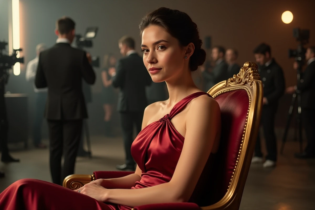 Jeune femme mannequin en robe de soirée rouge sur un plateau de cinéma, illustrant la double carrière de mannequin et actrice en devenir de Bella Hadid