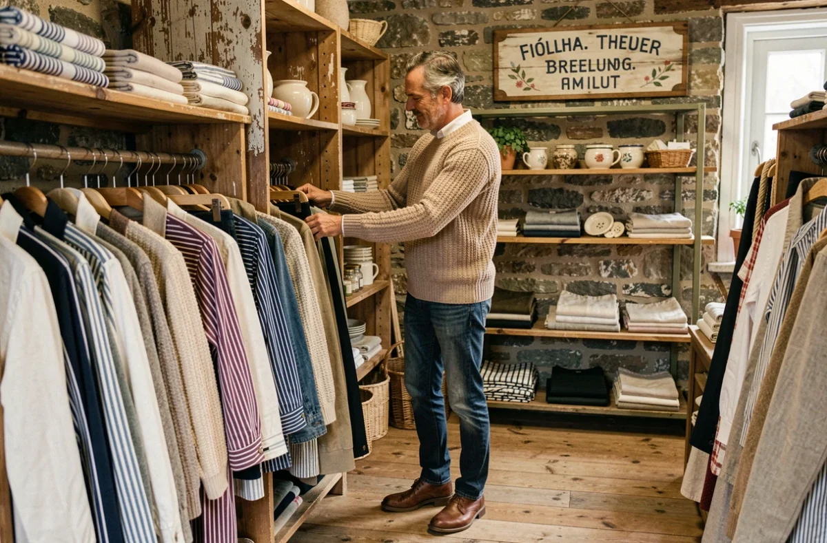 Homme explorant une boutique artisanale de vêtements bretons traditionnels dans un village du Finistère, ambiance authentique