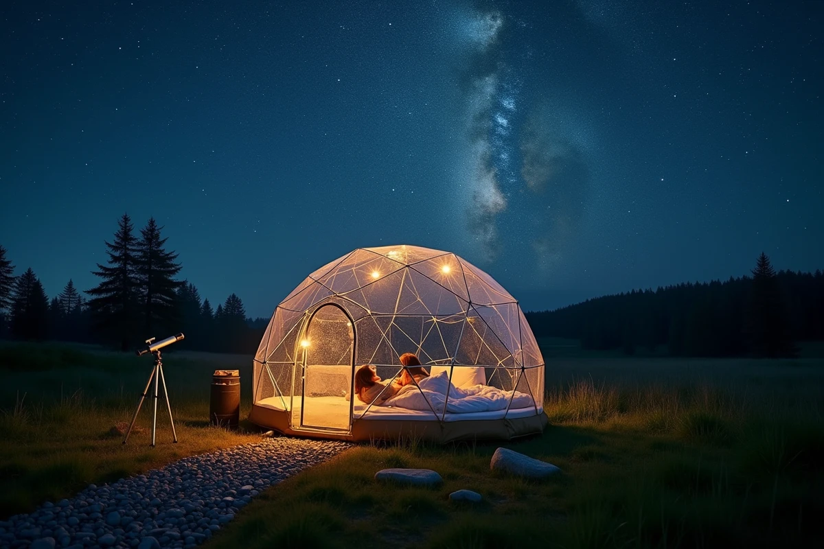 Couple allongé dans une bulle transparente en pleine nature, admirant le ciel étoilé et la Voie lactée depuis leur lit