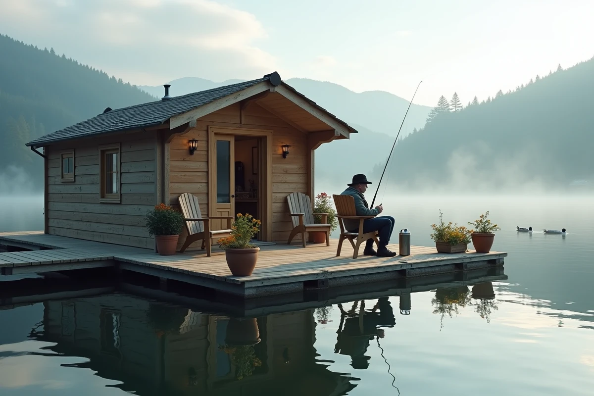 Cabane flottante en bois amarrée sur un lac calme et brumeux en France, avec un homme pêchant depuis le ponton au lever du jour