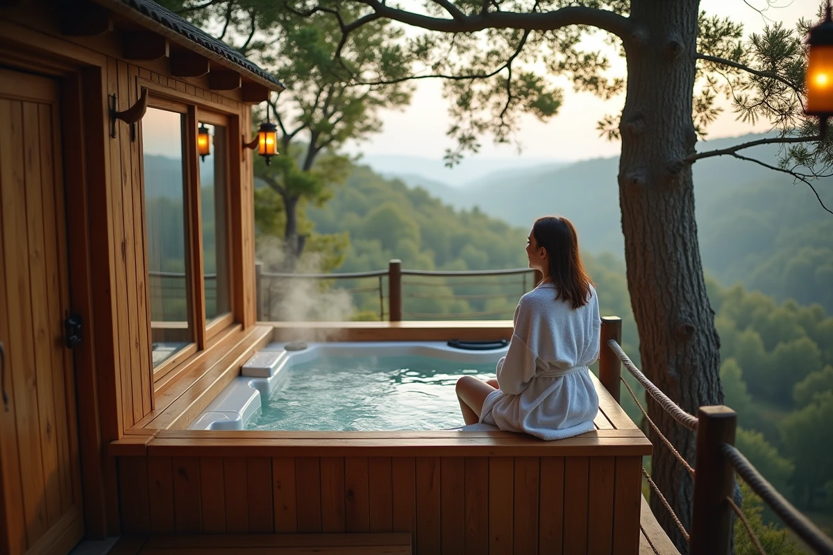 Femme en peignoir se relaxant dans un spa privatif sur la terrasse d'une cabane perchée dans les arbres en forêt française