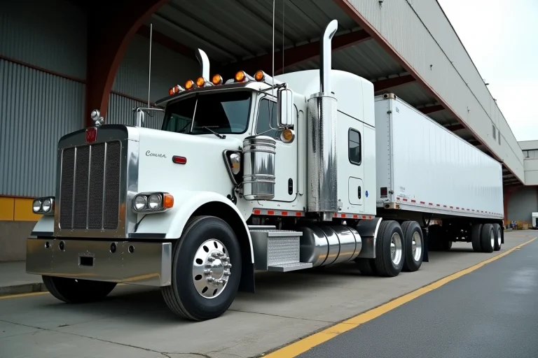 Camion 26 tonnes vu de profil dans une zone de chargement industrielle, illustrant ses dimensions imposantes