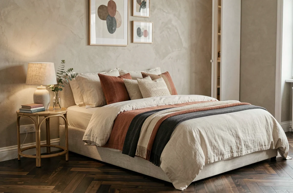 Chambre à coucher élégante avec literie en lin superposée, table de chevet en rotin et mur en plâtre chaleureux