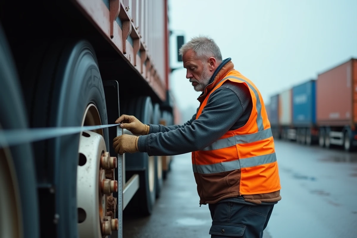 Chauffeur professionnel mesurant la largeur d'un camion 26 tonnes dans un dépôt de transport