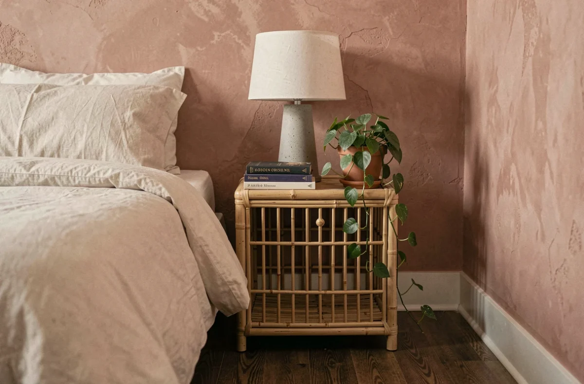 Coin chambre à coucher avec table de chevet en rotin, livres empilés et plante verte en pot de terre cuite pour une décoration douce et naturelle