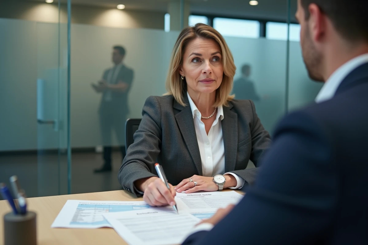 Conseillère bancaire expliquant les frais d'hypothèque détaillés à un client dans une agence bancaire moderne