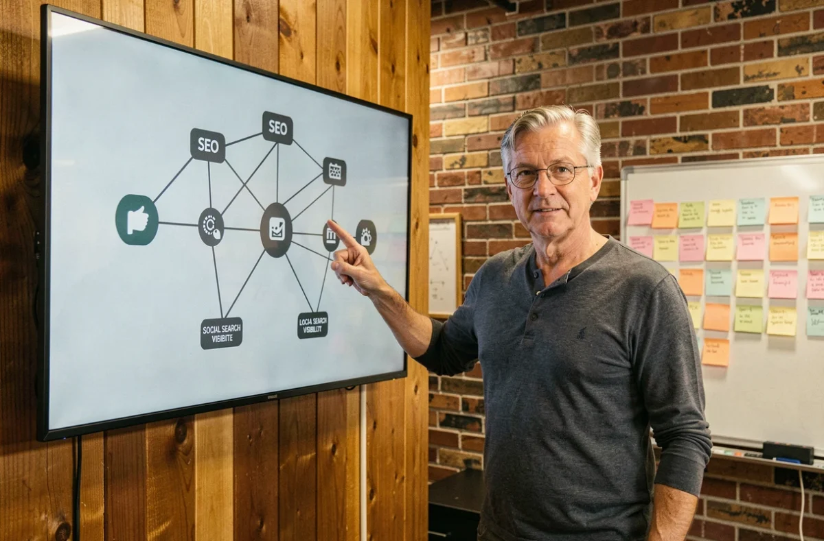 Consultant en marketing digital présentant les trois piliers de visibilité en ligne sur un écran mural dans un espace de coworking