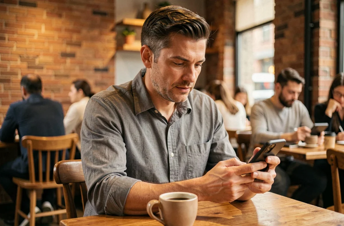 Homme d'affaires contactant un rédacteur web professionnel depuis son smartphone dans un café urbain