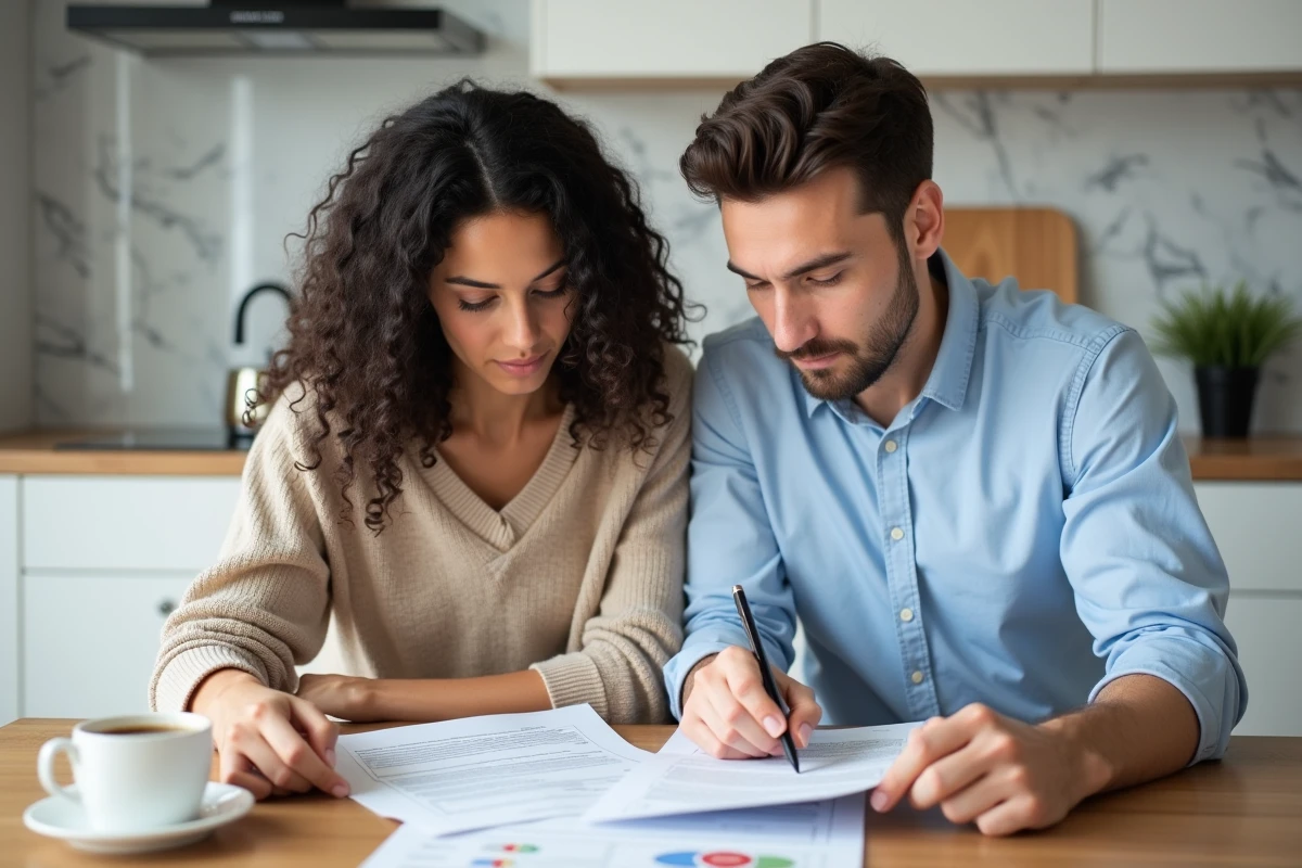 Couple de trentenaires étudiant ensemble les documents de frais d'hypothèque autour d'une table de cuisine moderne