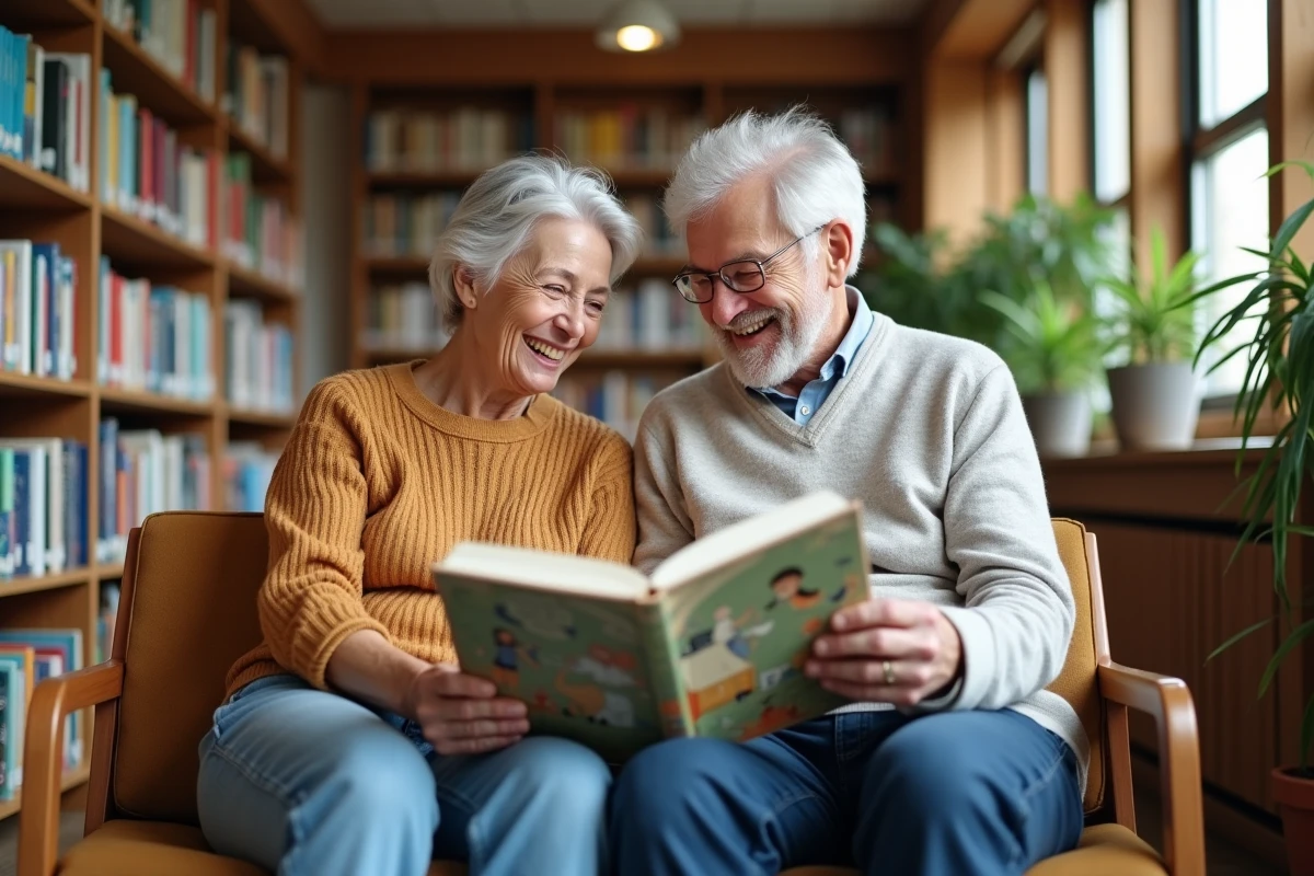 Coppia di senior complici che condividono un libro illustrato in una biblioteca accogliente, godendo appieno della loro pensione insieme