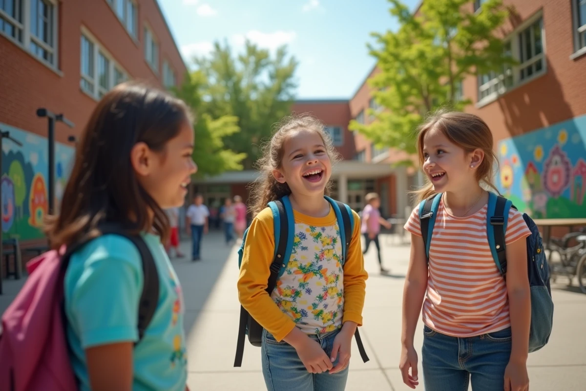 Jeune fille riant avec ses amis dans la cour d école moderne