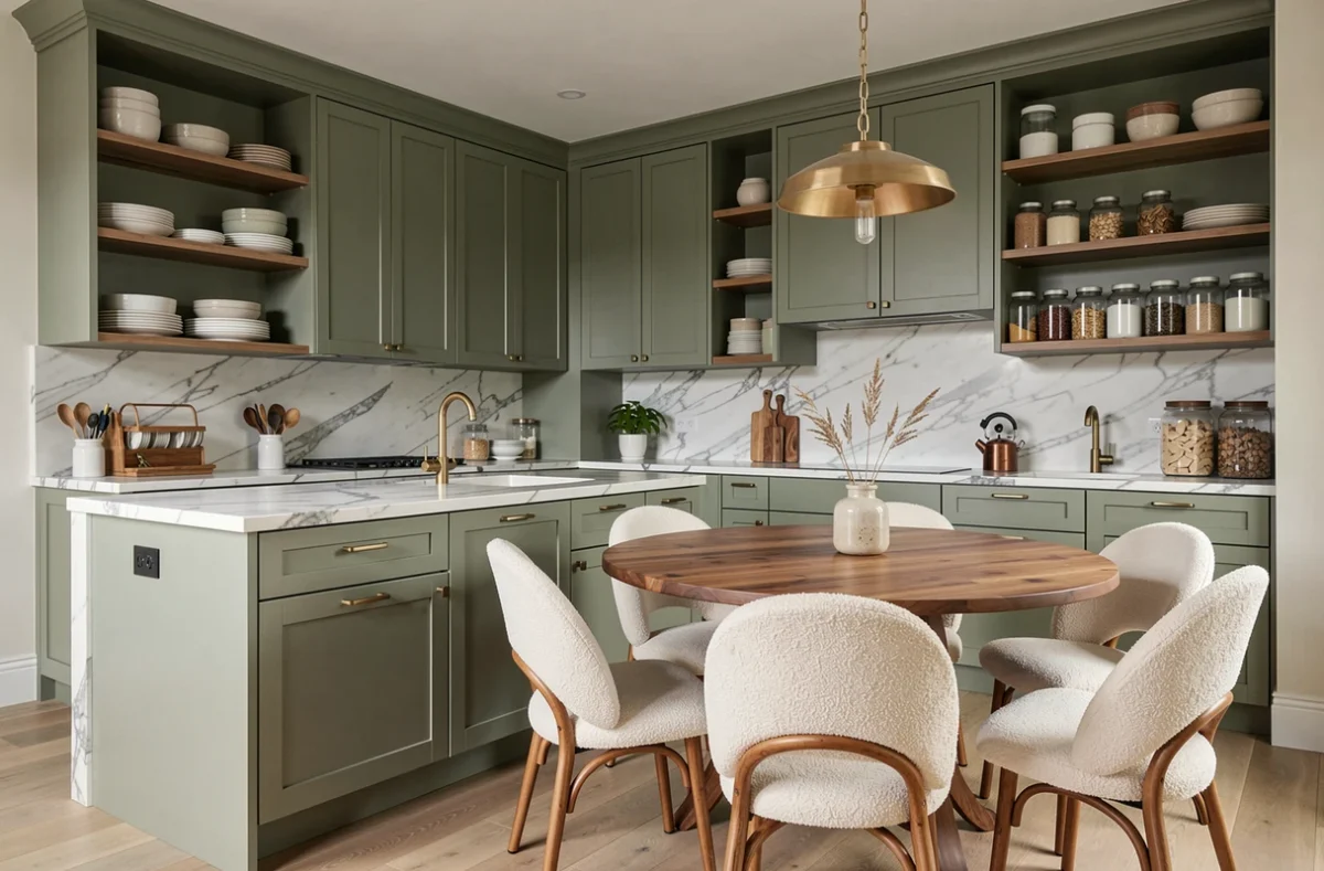 Cuisine ouverte moderne avec armoires vert sauge, plan de travail en marbre et salle à manger en bois de noyer