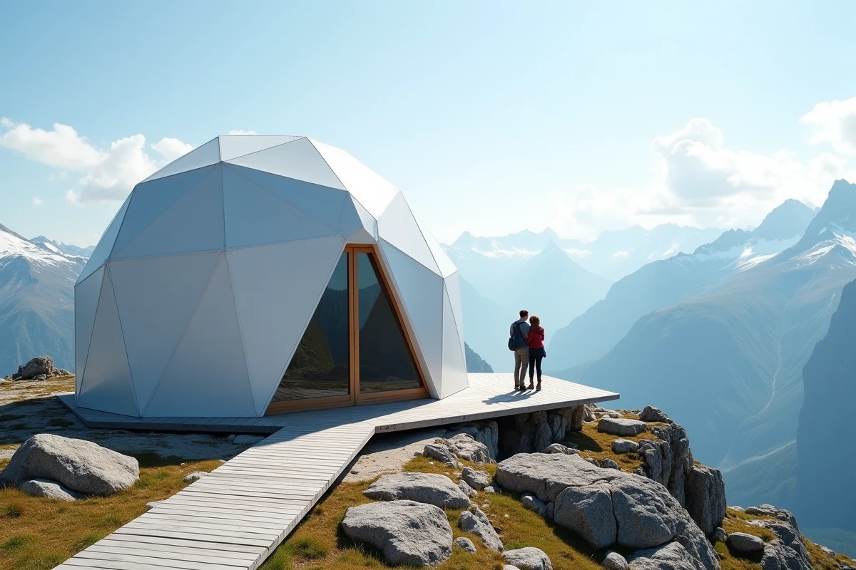 Dôme géodésique blanc installé sur un plateau montagneux français avec un couple admirant la vue panoramique sur les sommets enneigés