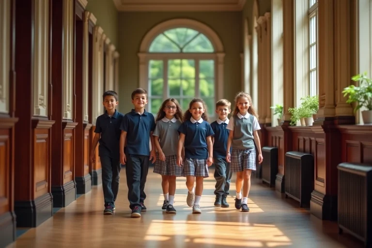 Enfants en uniforme dans un couloir d école ancienne
