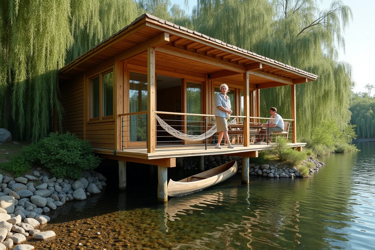 Écolodge en bois sur pilotis au bord d'une rivière française limpide, avec une femme appuyée sur la terrasse entourée de saules pleureurs