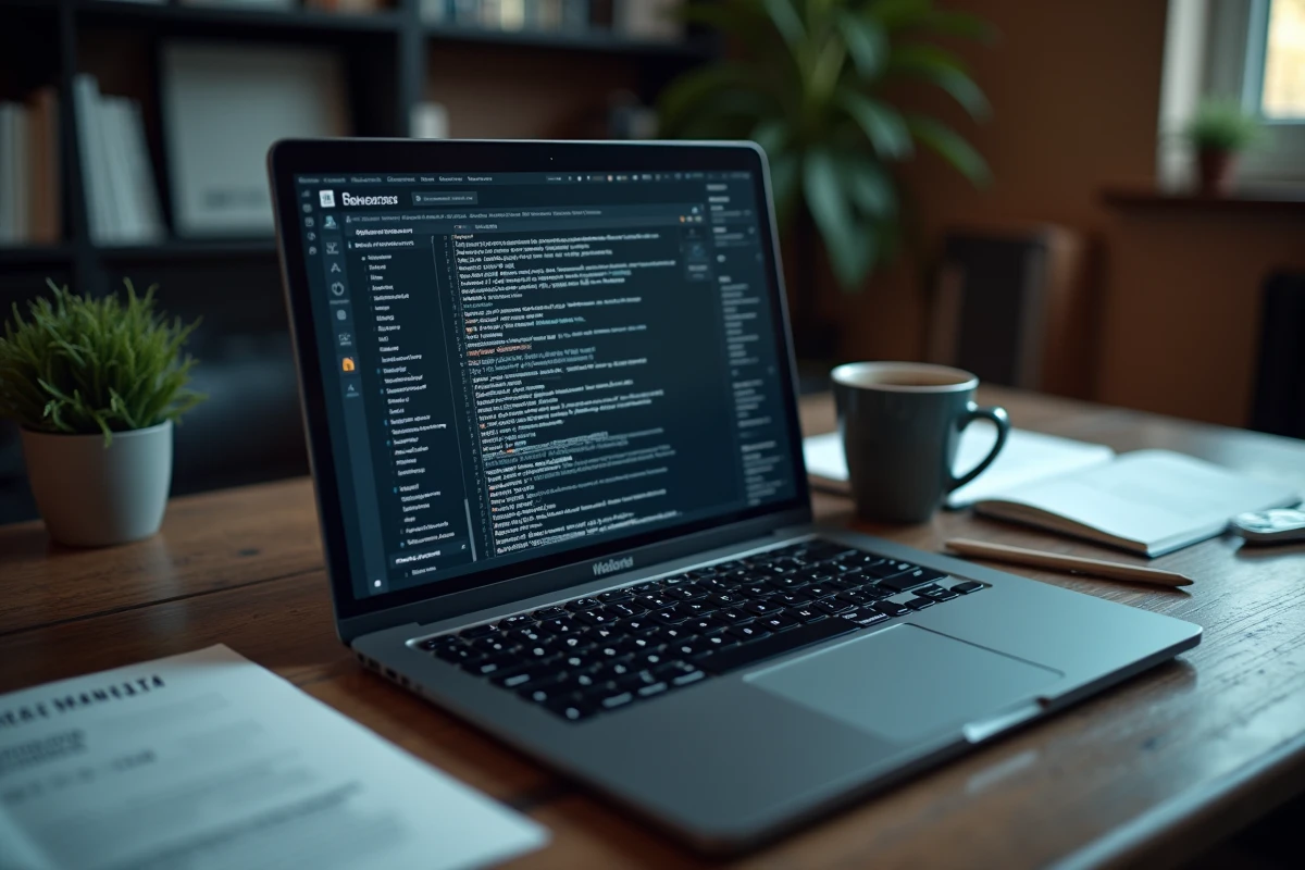 Gros plan d'un écran d'encyclopédie wiki alternative sur un bureau avec notes de recherche et clavier