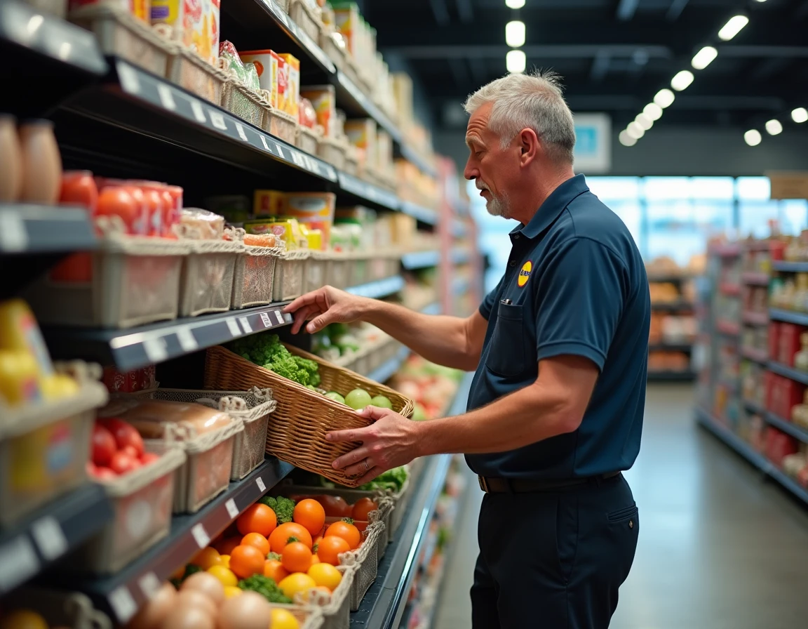 Employé Lidl en uniforme qui organise des paniers anti-gaspi avec des invendus près de l'entrée du magasin