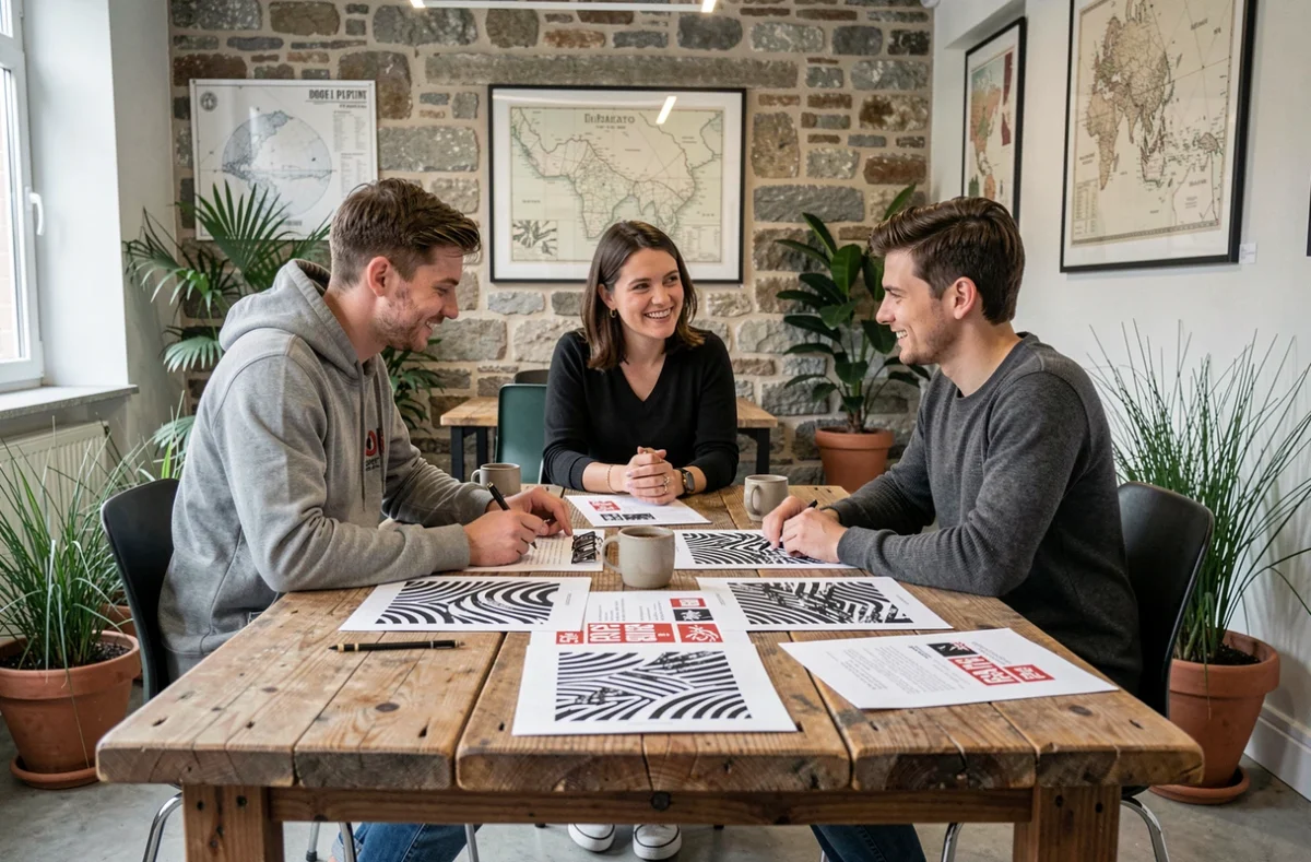 Trois jeunes entrepreneurs bretons collaborant autour d'une table en bois dans un espace de coworking à Rennes avec des visuels de la marque BreizhPower