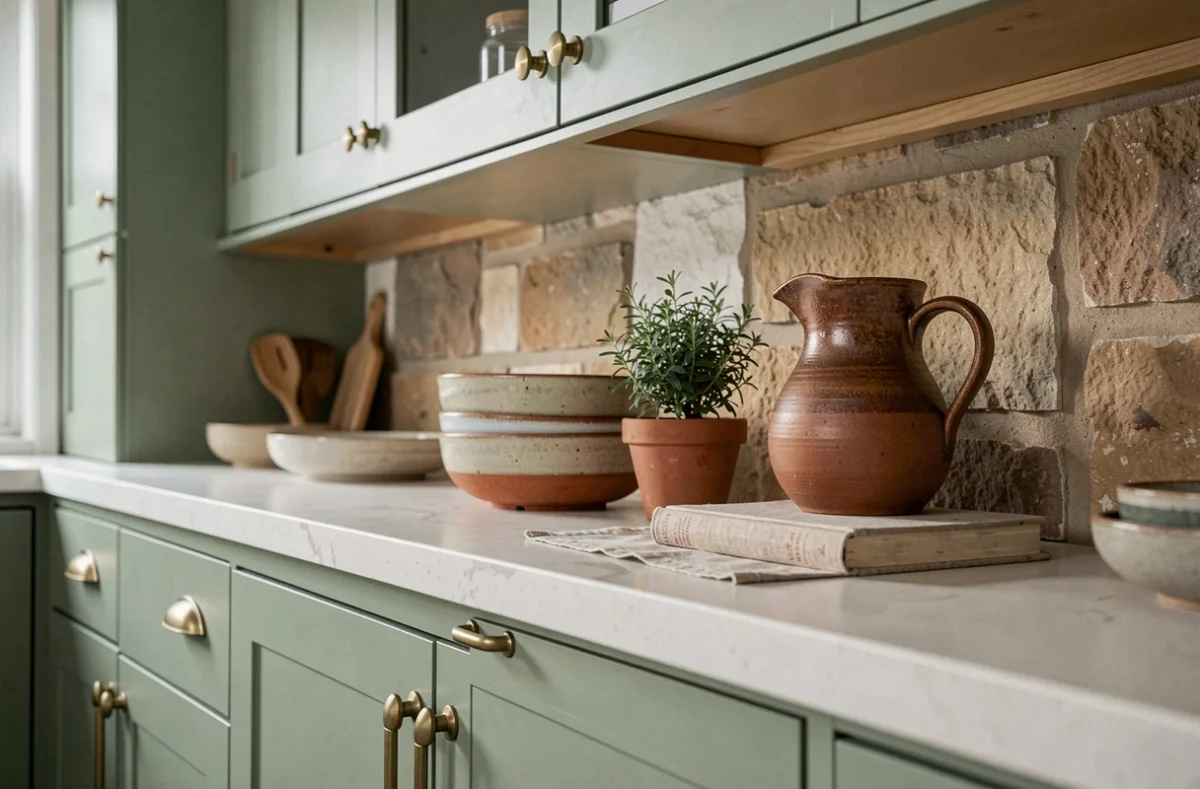 Étagère de cuisine décorée avec bols en céramique artisanale, plante aromatique et pichet en argile pour une décoration intérieure naturelle