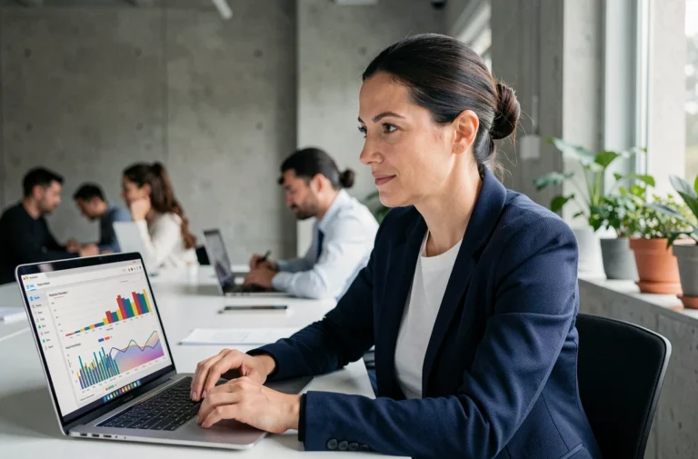 Femme professionnelle analysant des données de visibilité en ligne sur un tableau de bord analytics dans un bureau moderne