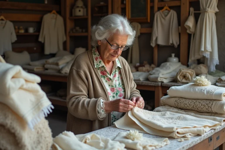 Femme âgée inspectant des linges brodés vintage