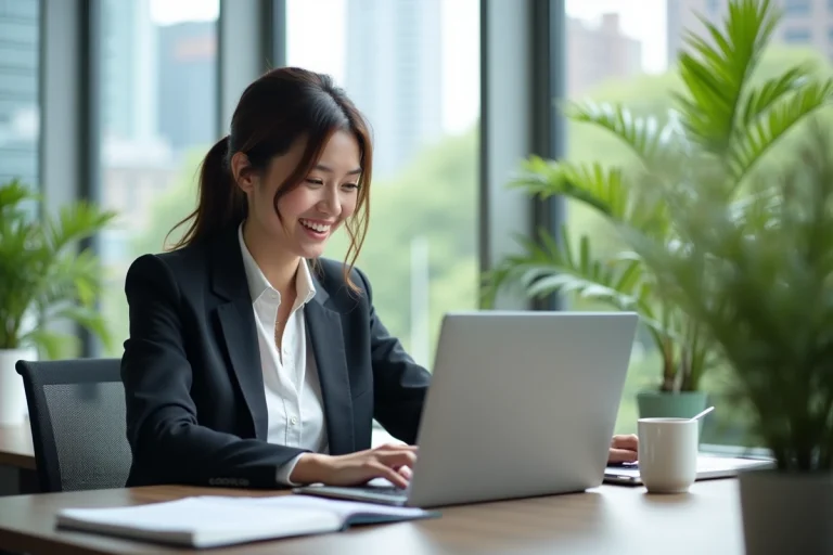 Femme souriante travaillant sur un ordinateur dans un bureau moderne