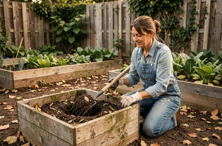 Femme jardinière retournant du compost dans un bac en bois au milieu d'un potager verdoyant pour améliorer la fertilité du sol