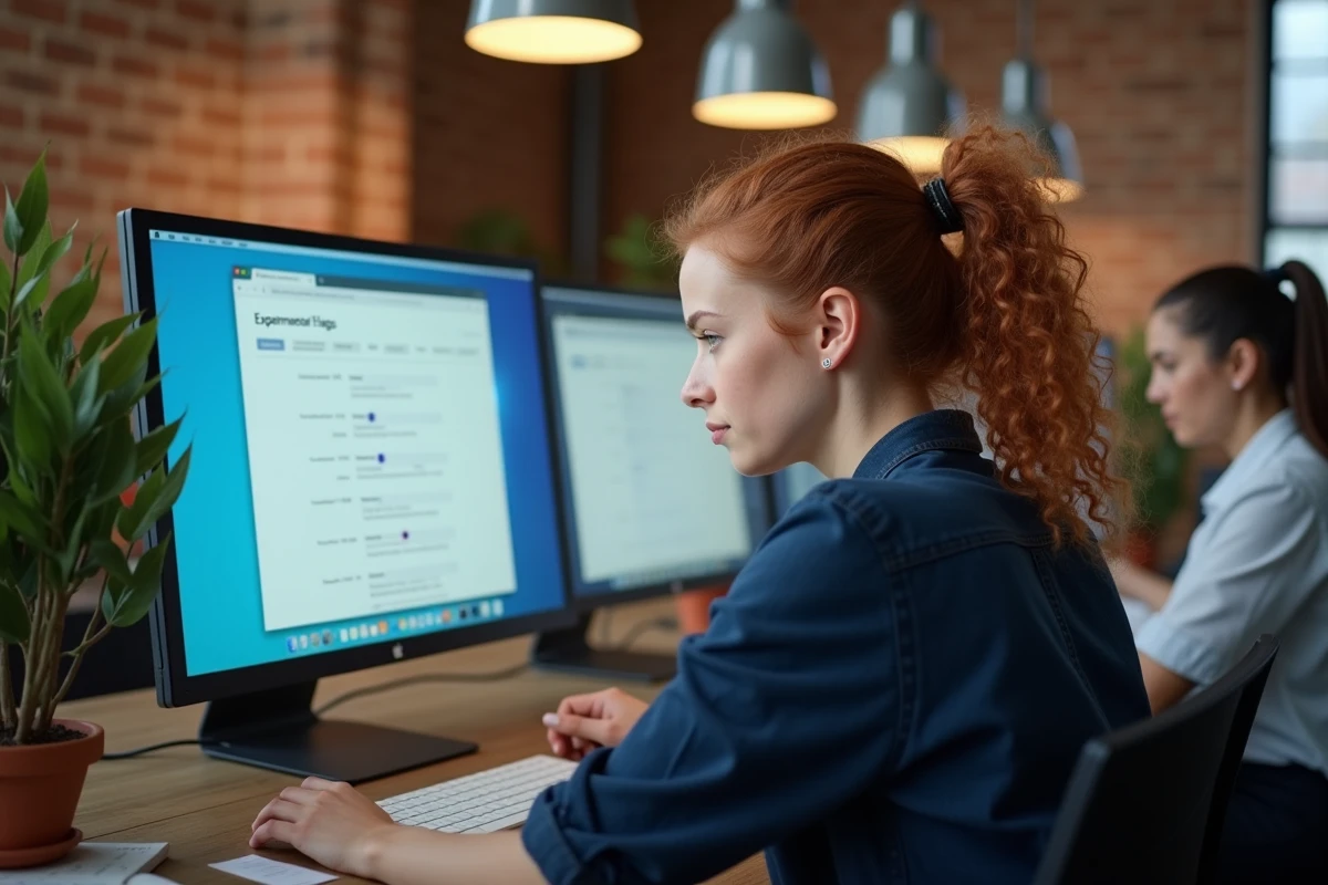 Mulher explorando as opções experimentais de Chrome flags em uma tela em um espaço de coworking