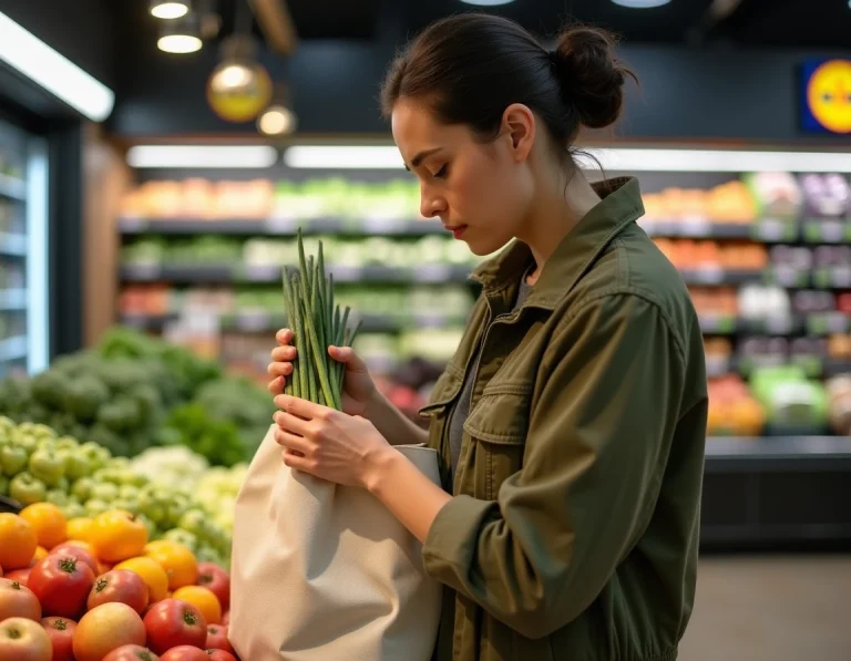 Une femme examine les légumes et fruits imparfaits d'un panier anti-gaspi Lidl en caisse de supermarché