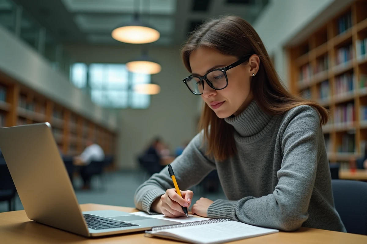 Femme prenant des notes sur une encyclopédie wiki alternative dans une bibliothèque moderne