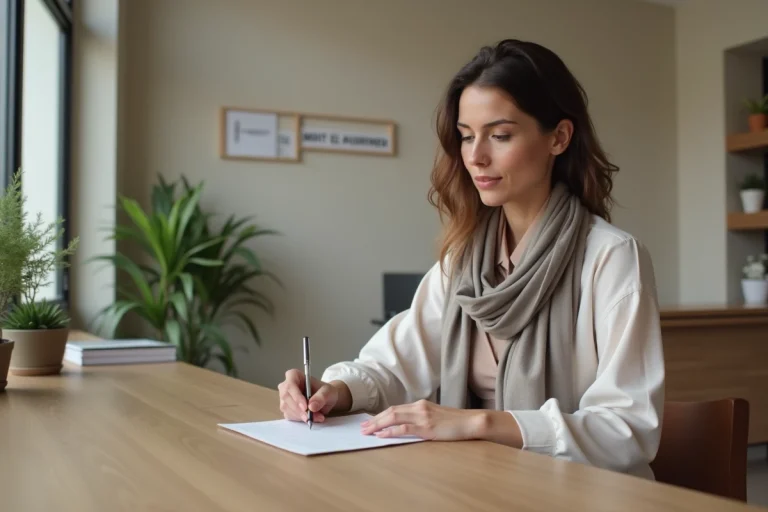 Femme en tenue smartcasual remplissant un questionnaire dans une clinique parisienne