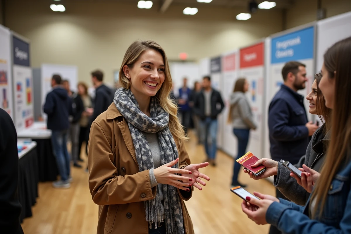 Jeune femme souriante présentant des échantillons en salon