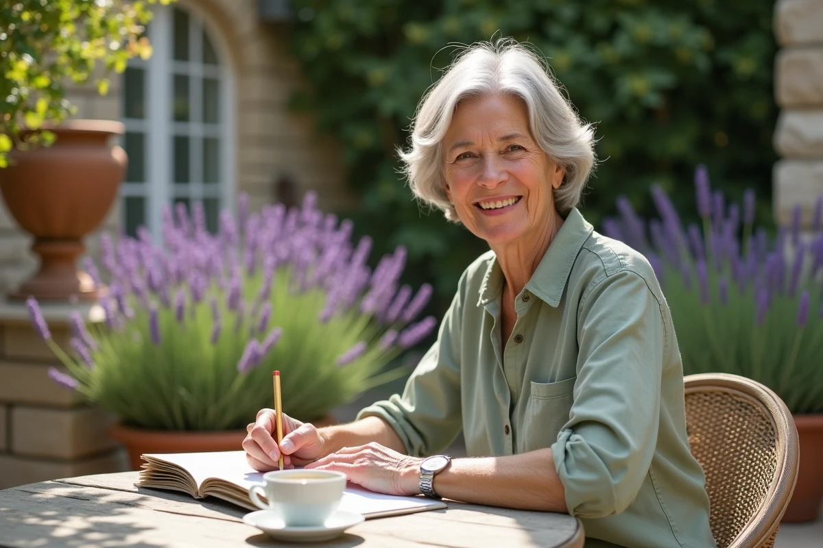 Femme senior épanouie écrivant dans son journal sur une terrasse de jardin en Provence, entourée de lavande et de fleurs estivales