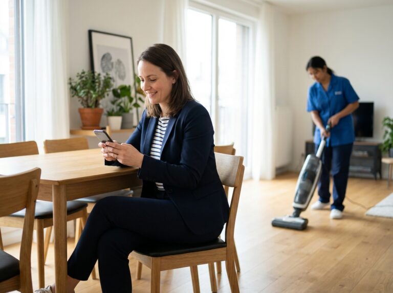 Jeune femme souriante vérifiant son smartphone dans un appartement lumineux