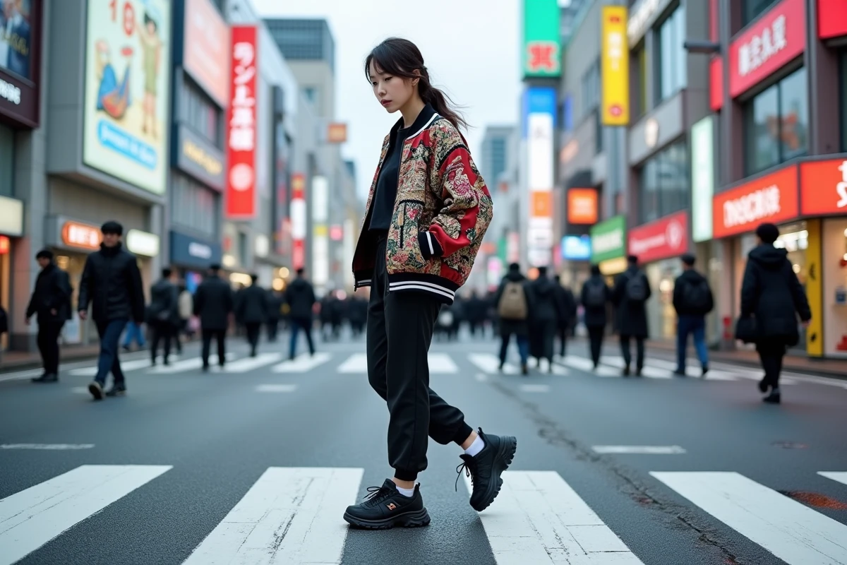 Femme en tenue streetwear Harajuku traversant le carrefour de Shibuya à Tokyo sous un ciel nuageux