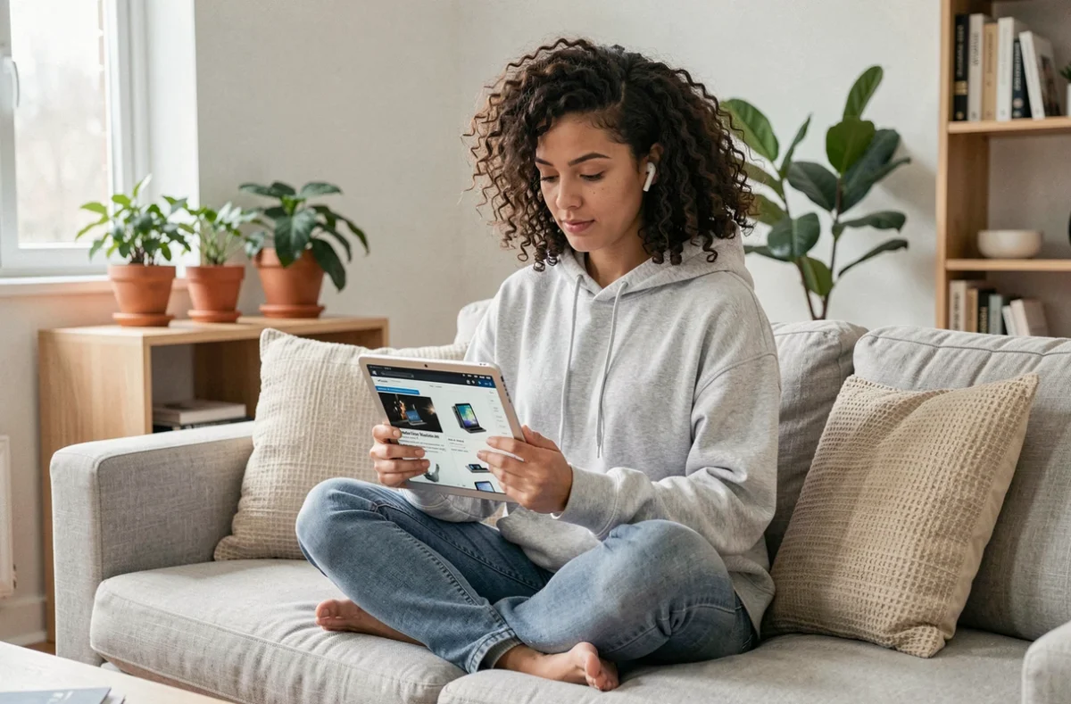 Une femme aux cheveux bouclés consulte des actualités technologiques sur une tablette dans un salon scandinave moderne