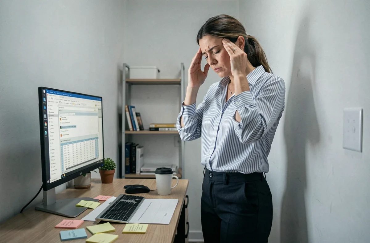 Femme en télétravail montrant des signes de burn-out et de fatigue mentale à son bureau à domicile
