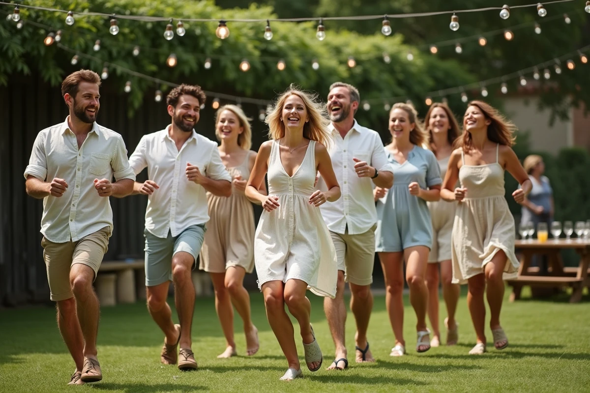 Grand groupe multigénérationnel dansant le madison en rang lors d'une fête de jardin estivale
