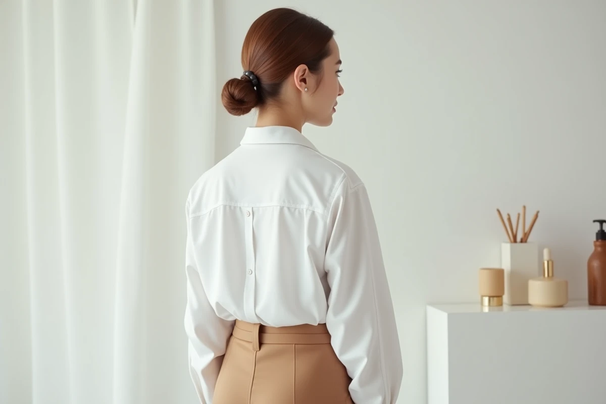 Jeune femme mannequin en tenue minimaliste dans un studio publicitaire épuré, représentant Hailey Bieber et la publicité comme moteur de sa carrière