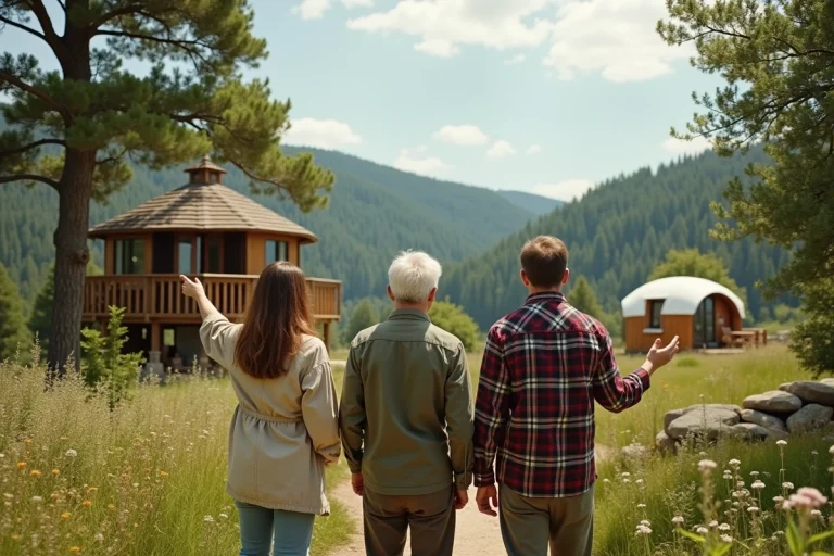 Voyageurs enthousiastes devant une sélection d'hébergements insolites en France : cabane, dôme et roulotte dans un paysage de campagne verdoyante