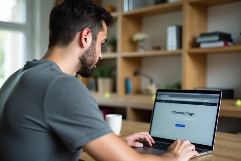 Homme utilisant Chrome flags sur un ordinateur portable dans un bureau minimaliste