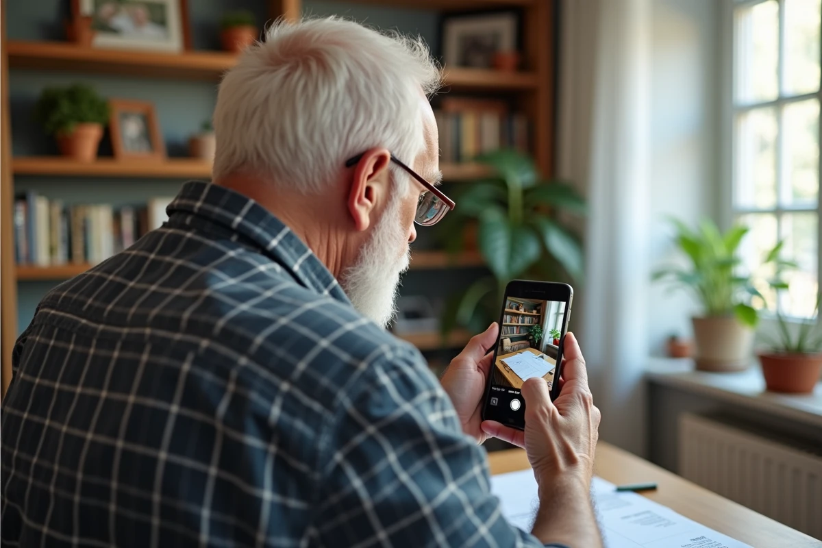 Homme retraité prenant une photo avec son smartphone