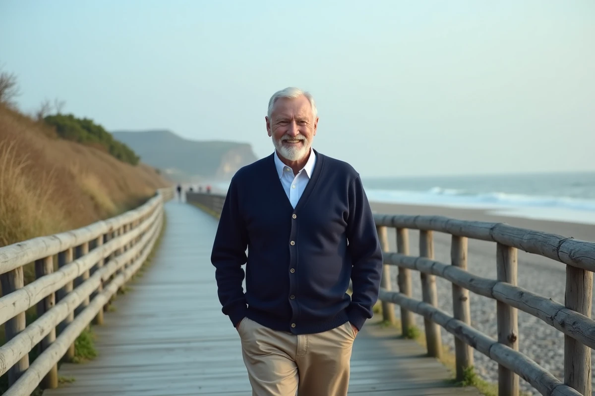 Uomo pensionato attivo che passeggia da solo su una spiaggia in autunno, sorridente e rilassato di fronte all'orizzonte