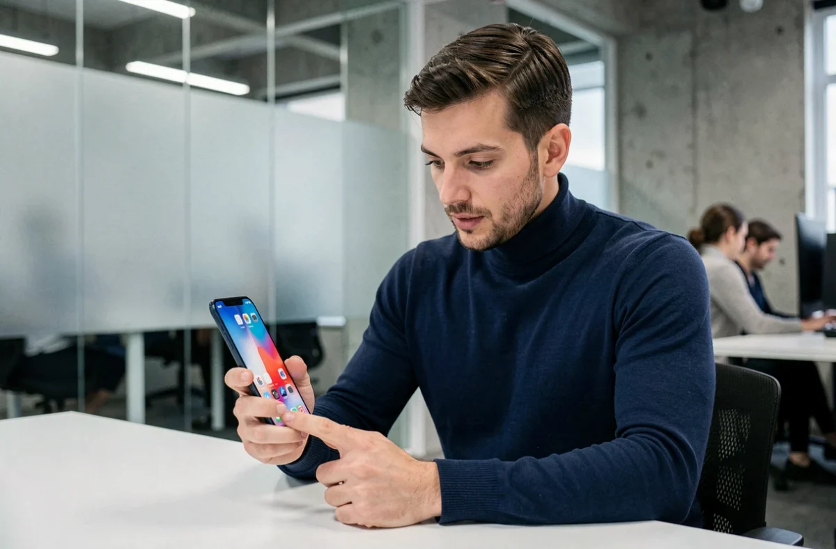 Un homme dans la trentaine interagit avec un smartphone pliable dans un bureau tech moderne aux murs en béton