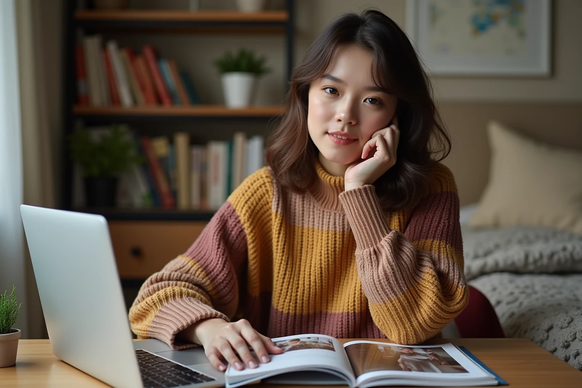 Jeune femme pensant dans sa chambre avec magazine