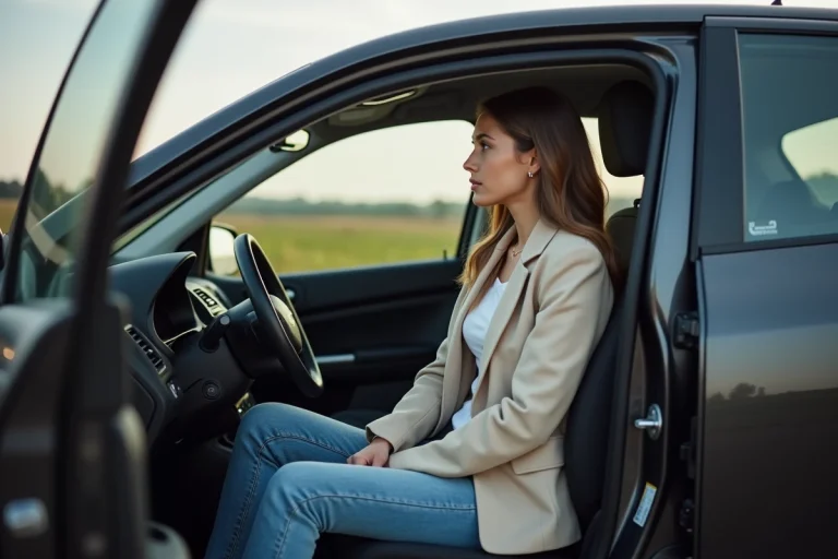 Jeune femme dans sa voiture regardant le tableau de bord