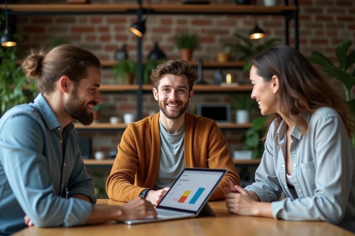 Jeune homme montrant des analytics sur une tablette à ses collègues
