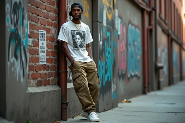 Jeune homme en tenue streetwear vintage appuyé contre un mur tagué dans une ruelle urbaine de New York